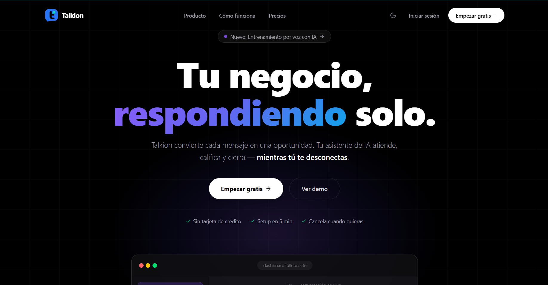 Sitio de Talkion, plataforma de asistentes virtuales